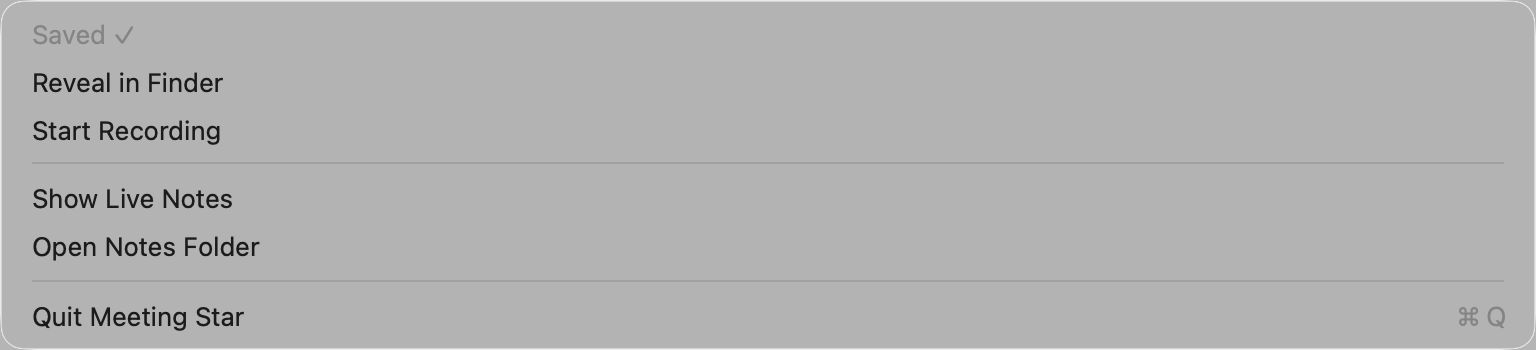 Minute Star's menu bar dropdown with Start Recording, Show Live Notes, and Open Notes Folder